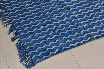 Handmade Geometrical Block Zigzag Print Indigo Cotton Dhurrie Carpet - Adore India   