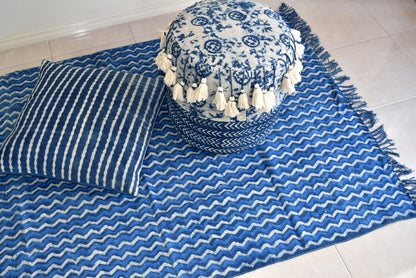 Handmade Geometrical Block Zigzag Print Indigo Cotton Dhurrie Carpet - Adore India   