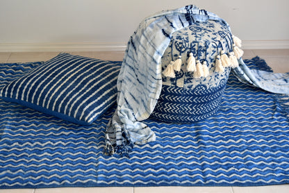 Handmade Geometrical Block Zigzag Print Indigo Cotton Dhurrie Carpet - Adore India   