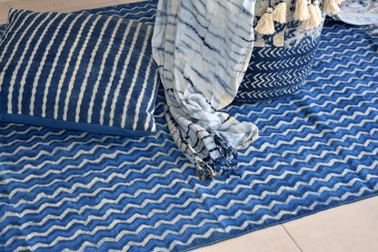 Handmade Geometrical Block Zigzag Print Indigo Cotton Dhurrie Carpet - Adore India   