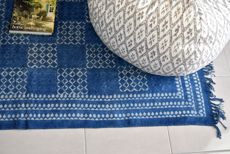 Handmade Geometrical Block Print Net Indigo Cotton Dhurrie Carpet - Adore India   