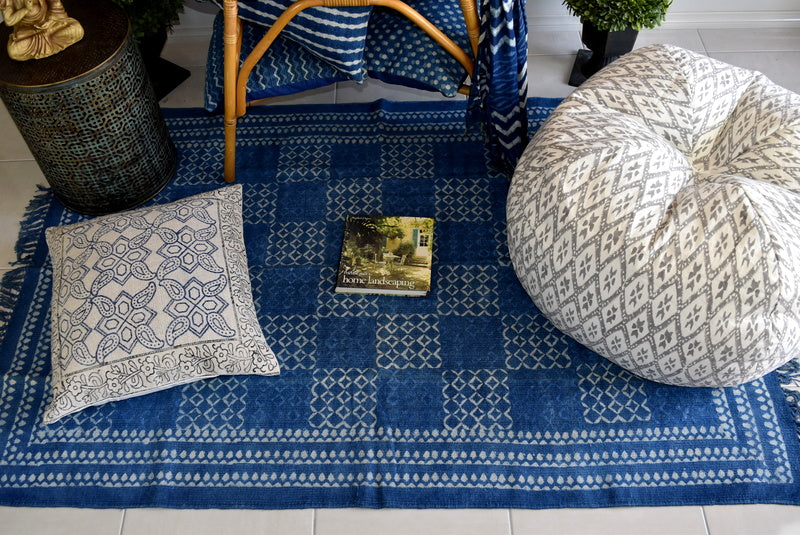 Handmade Geometrical Block Print Net Indigo Cotton Dhurrie Carpet - Adore India   