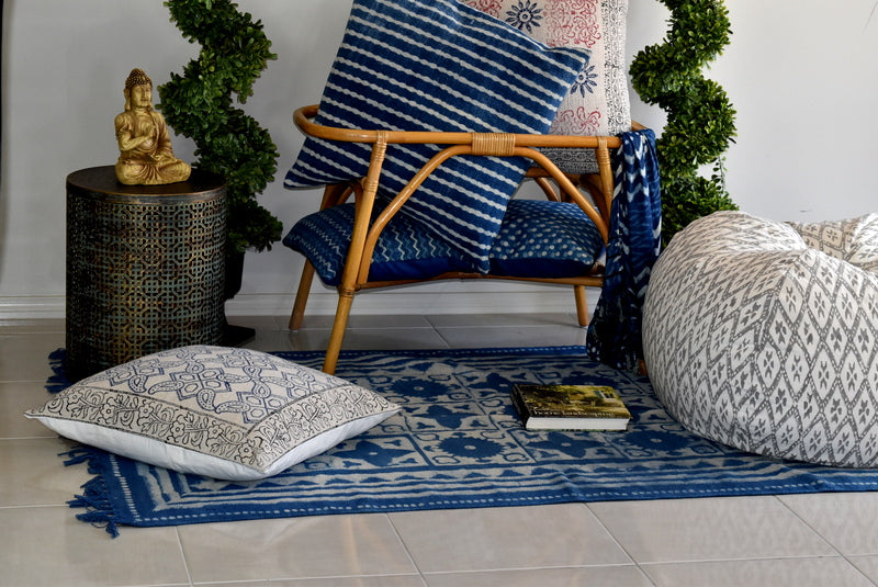 Handmade Geometrical Block Star Print Indigo Cotton Dhurrie Carpet - Adore India   