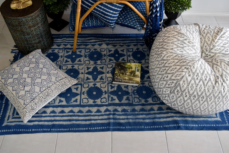 Handmade Geometrical Block Star Print Indigo Cotton Dhurrie Carpet - Adore India   