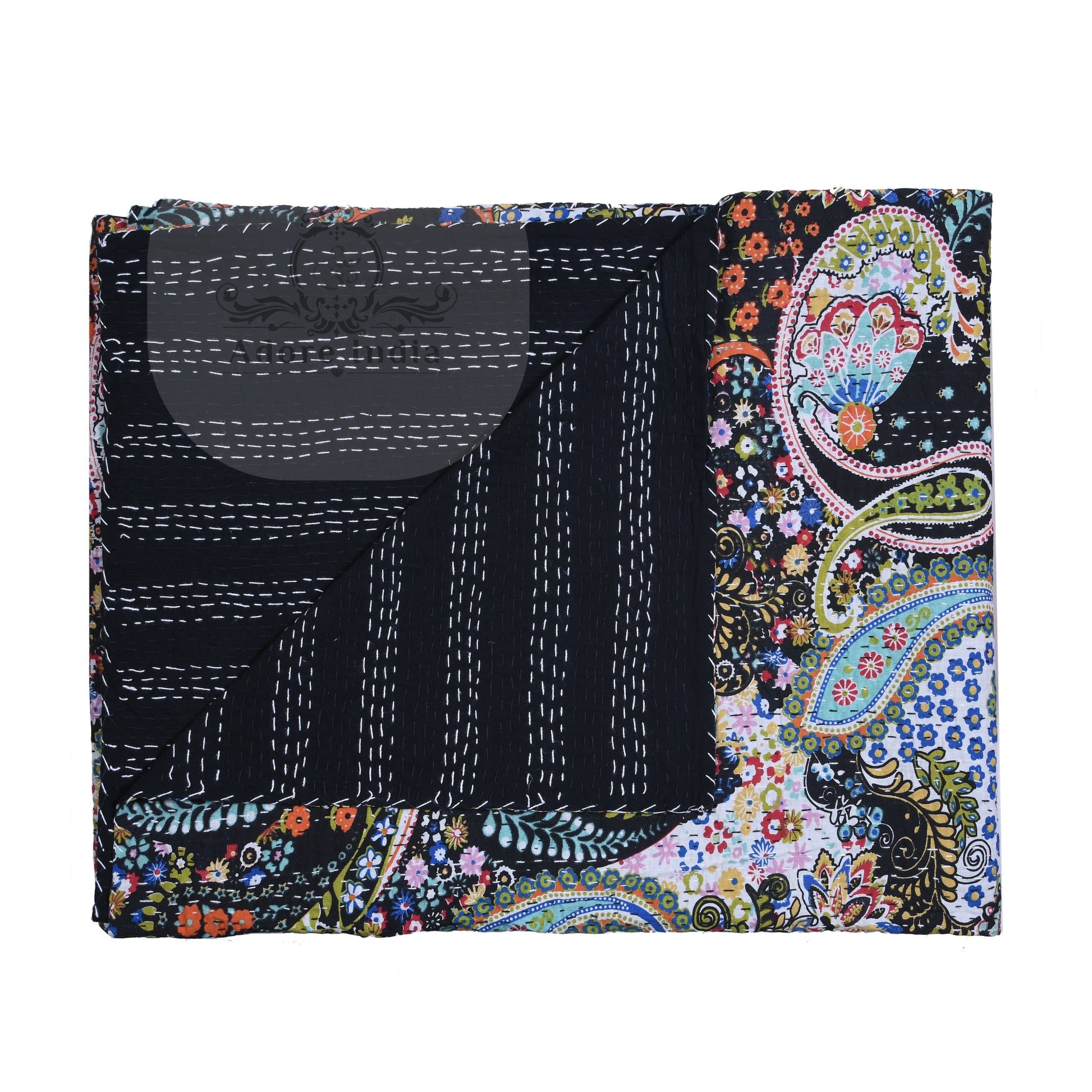 Handmade Black Paisley Print Cotton Reversible Kantha Quilt Bedspread Throw - Adore India   