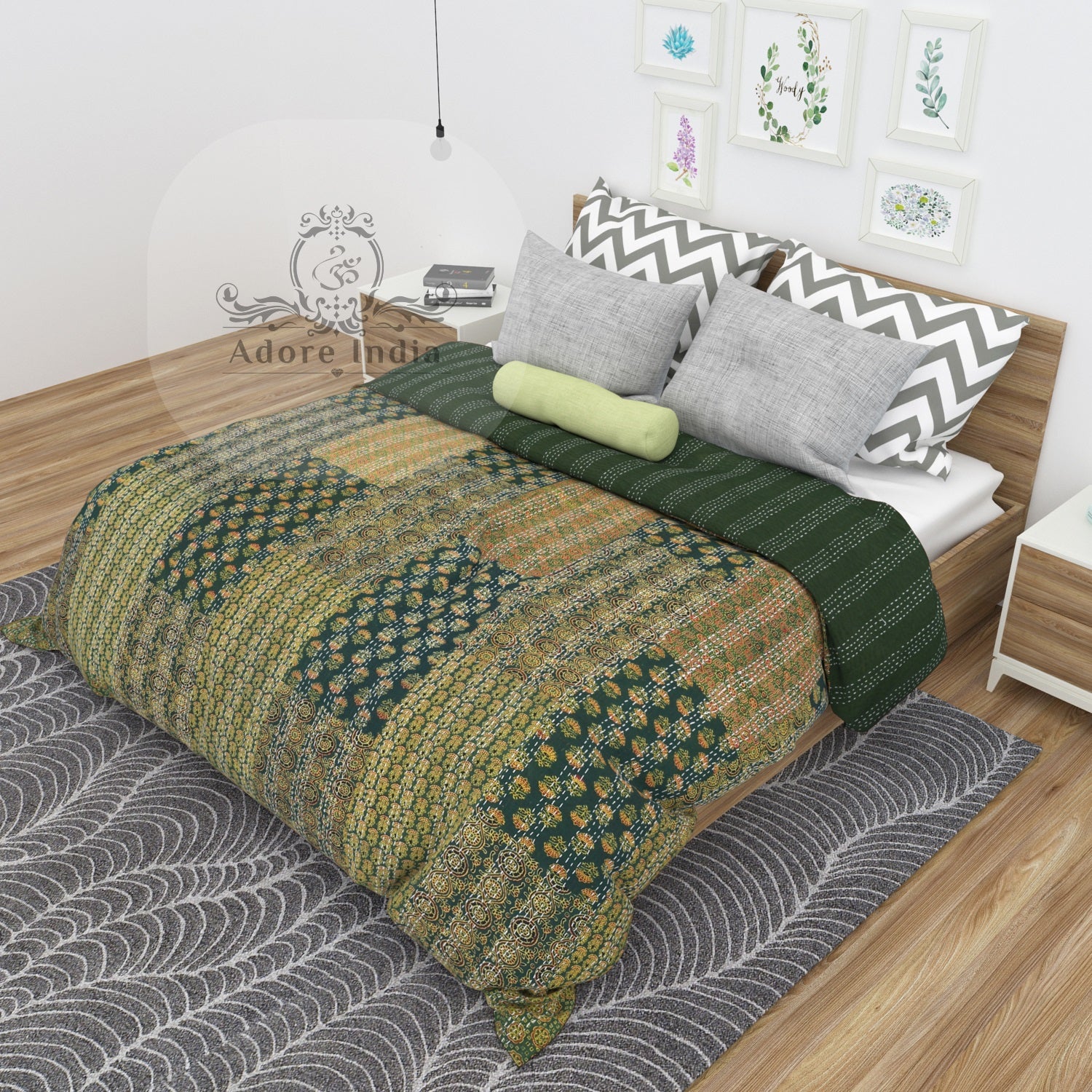 Handmade Olive Block Print Patchwork Cotton Reversible Kantha Quilt Bedspread - Adore India   