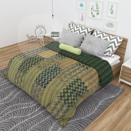 Handmade Olive Block Print Patchwork Cotton Reversible Kantha Quilt Bedspread - Adore India   