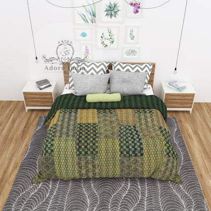 Handmade Olive Block Print Patchwork Cotton Reversible Kantha Quilt Bedspread - Adore India   