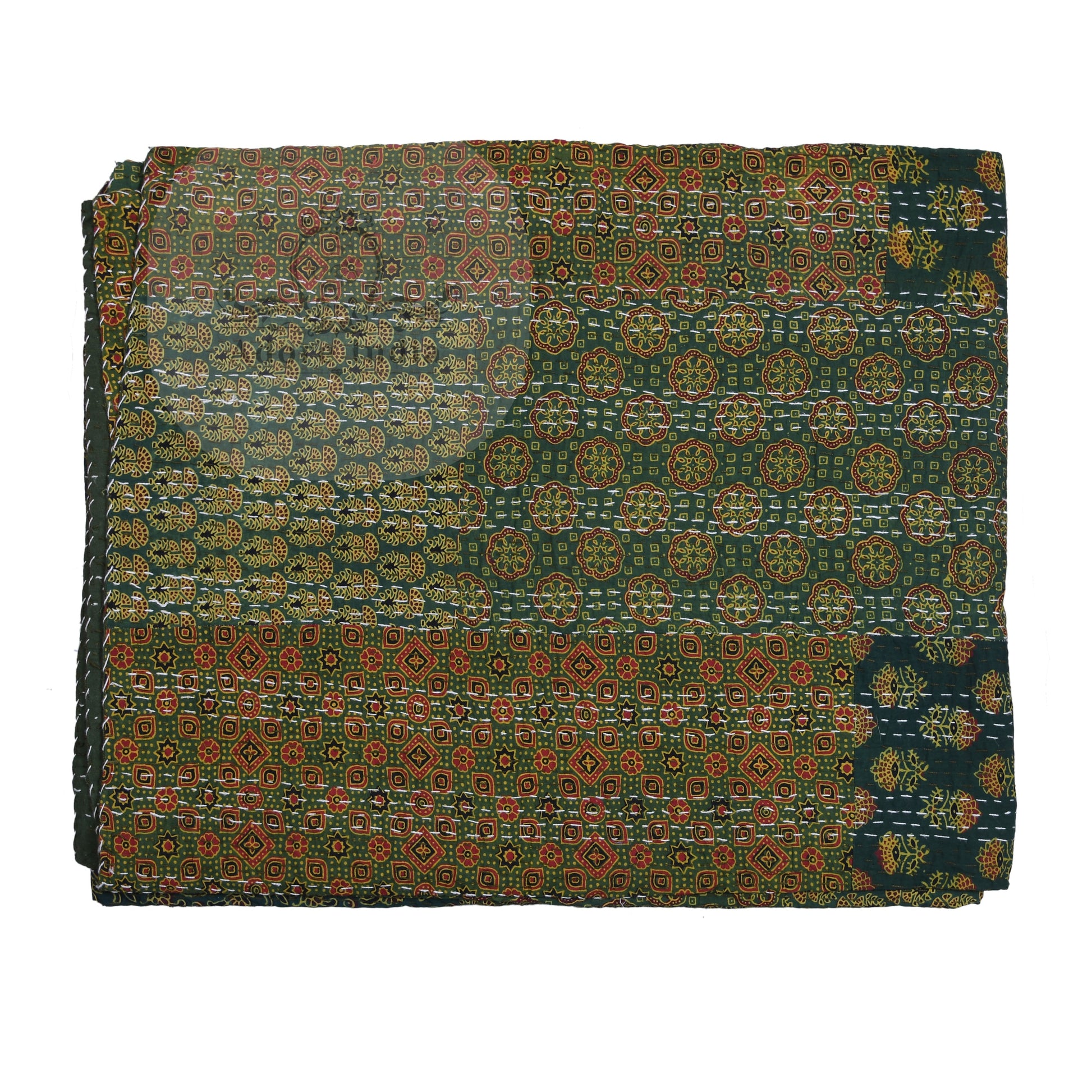 Handmade Olive Block Print Patchwork Cotton Reversible Kantha Quilt Bedspread - Adore India   