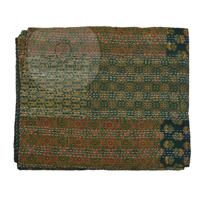 Handmade Olive Block Print Patchwork Cotton Reversible Kantha Quilt Bedspread - Adore India   