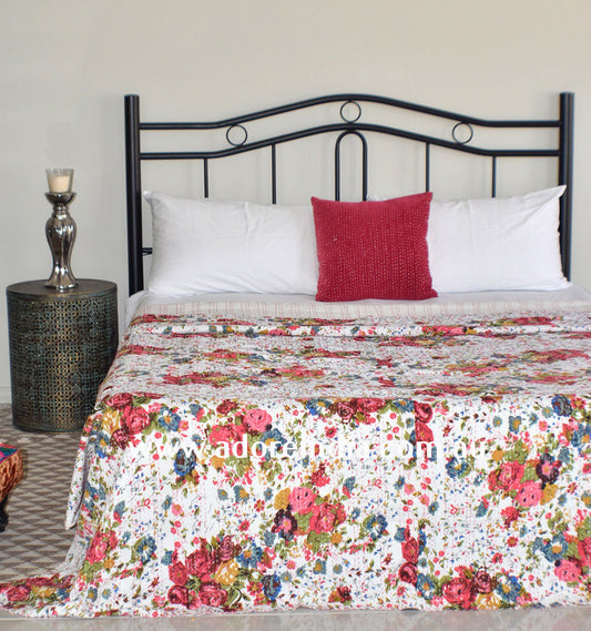 Vintage White Flower Kantha Quilt - Adore India   