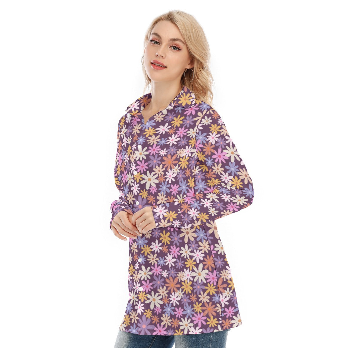 Pink Purple Bohemian Floral Women's Long Sleeve Shirt - Adore India   