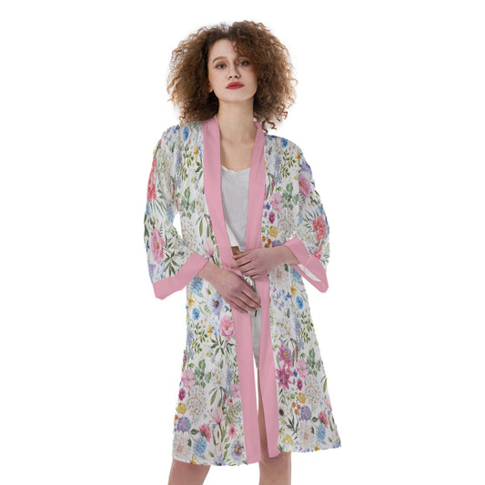 Bohemian Exotic Floral Printed Satin Kimono Bathrobe - Adore India   