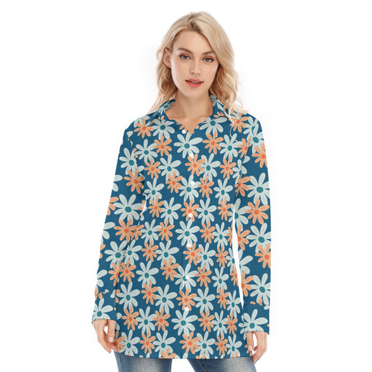 Bohemian Blue Floral Women's Long Sleeve Shirt  - Adore India   