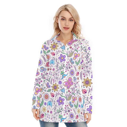 Bohemian Purple Butterfly Print Women's Long Sleeve Shirt  - Adore India   