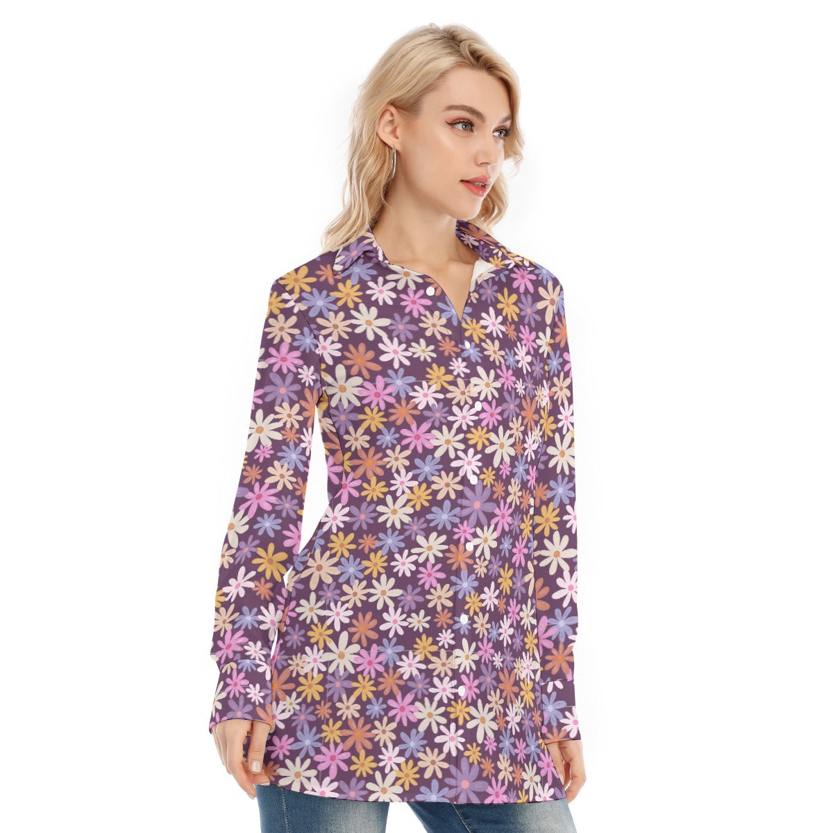 Pink Purple Bohemian Floral Women's Long Sleeve Shirt - Adore India   