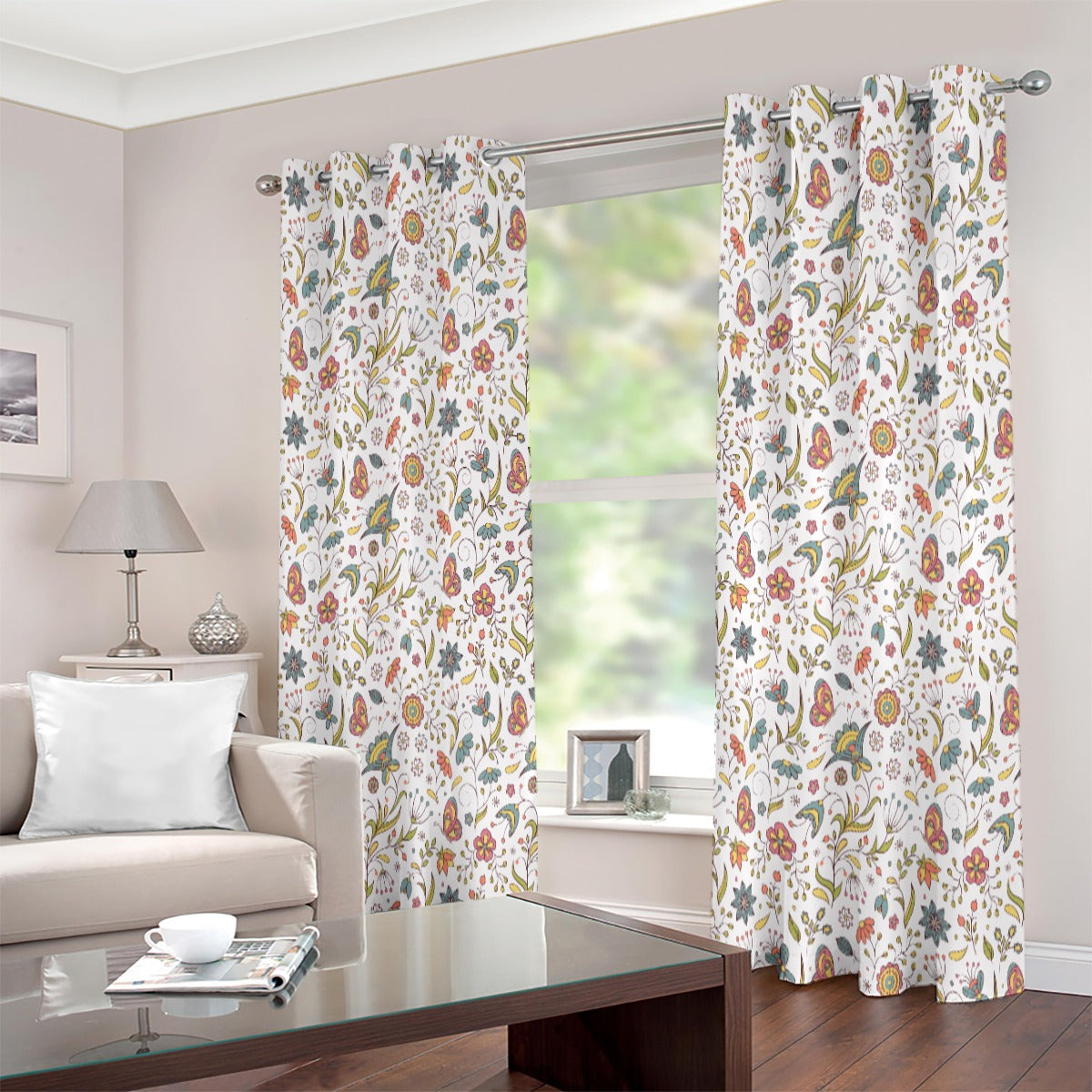 Butterfly Floral Leaf Petal Printed Eyelet Curtain - Adore India   