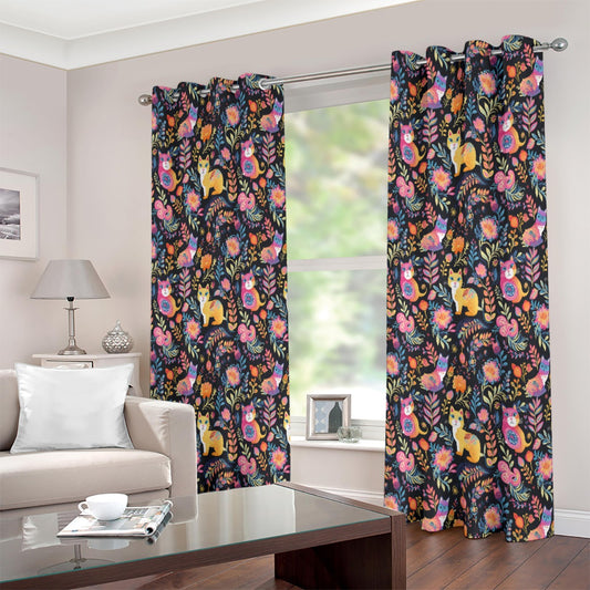 Cat Floral Leaf Petal Bohemian Colourful Printed Curtain Set - Adore India   