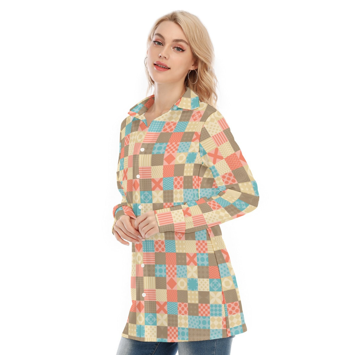 Bohemian Multi Geometrical Print Women's Long Sleeve Shirt  - Adore India   