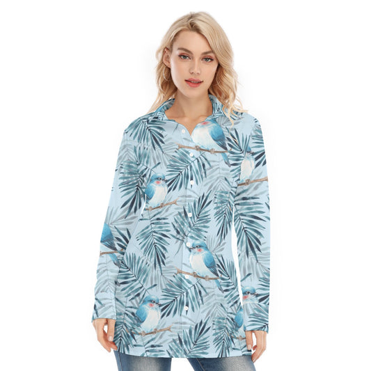 Bohemian Blue Bird of Prey Floral Women's Long Sleeve Shirt  - Adore India   