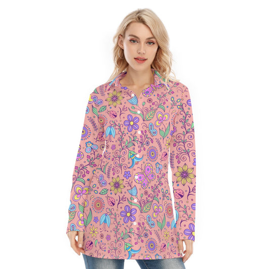 Bohemian Pink Butterfly Printed Women's Long Sleeve Shirt  - Adore India   