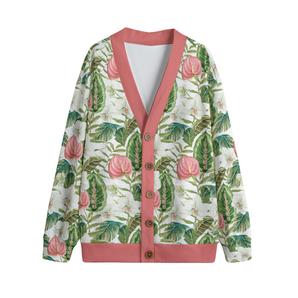 Bohemian Topical Leaf Printed Knitted Fleece Sweater Cardigan - Adore India   