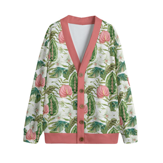 Bohemian Topical Leaf Printed Knitted Fleece Sweater Cardigan - Adore India   