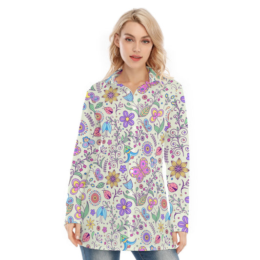 Bohemian Pastel Green Butterfly Printed Women's Long Sleeve Shirt  - Adore India   
