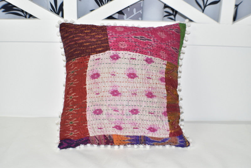 Silk Vintage Kantha Patchwork Pompom Cushion Cover 1 - Adore India   