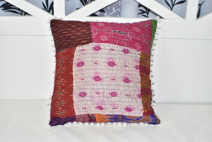 Silk Vintage Kantha Patchwork Pompom Cushion Cover 1 - Adore India   