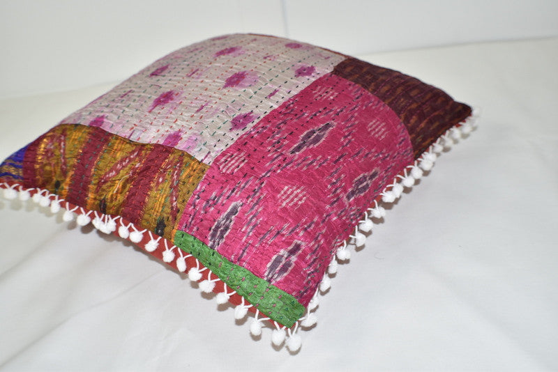 Silk Vintage Kantha Patchwork Pompom Cushion Cover 1 - Adore India   