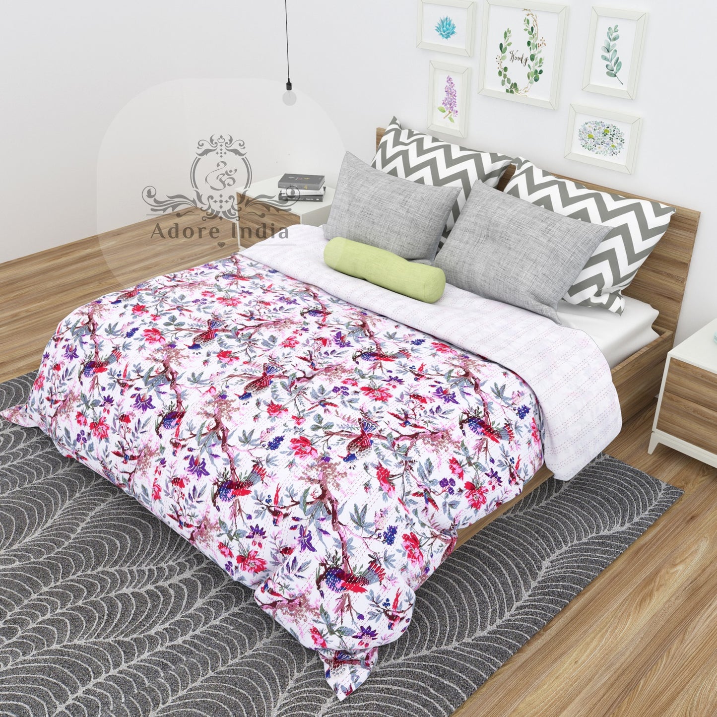 Handmade Bird of Prey Red White Cotton Reversible Kantha Quilt Bedspread Throw - Adore India   