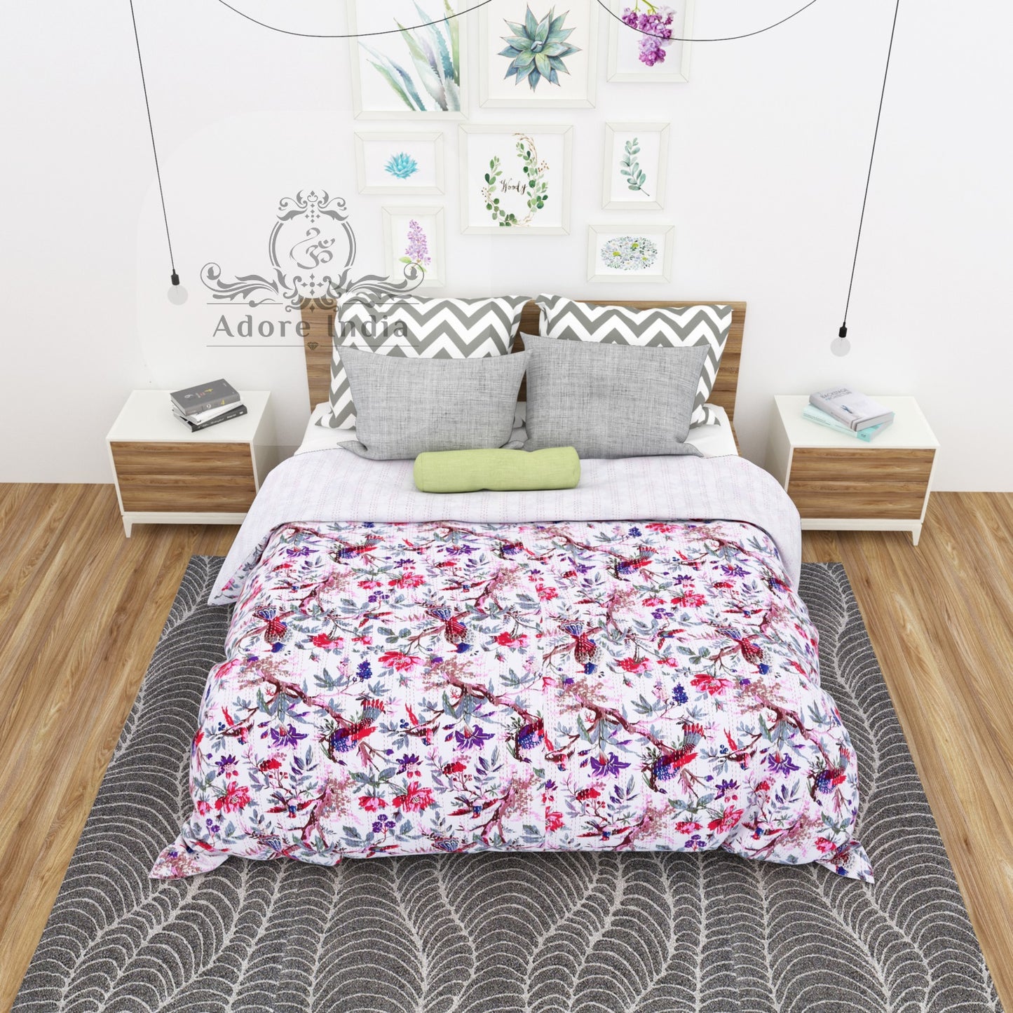 Handmade Bird of Prey Red White Cotton Reversible Kantha Quilt Bedspread Throw - Adore India   