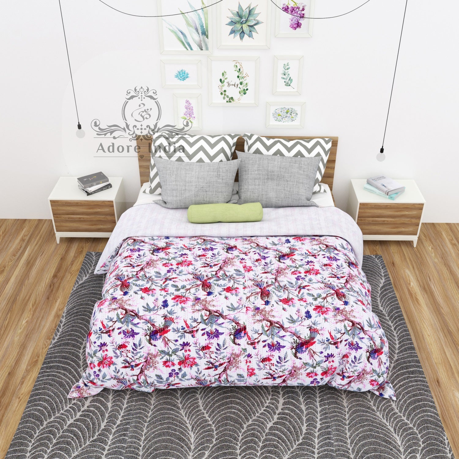 Handmade Bird of Prey Red White Cotton Reversible Kantha Quilt Bedspread Throw - Adore India   