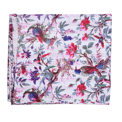 Handmade Bird of Prey Red White Cotton Reversible Kantha Quilt Bedspread Throw - Adore India   