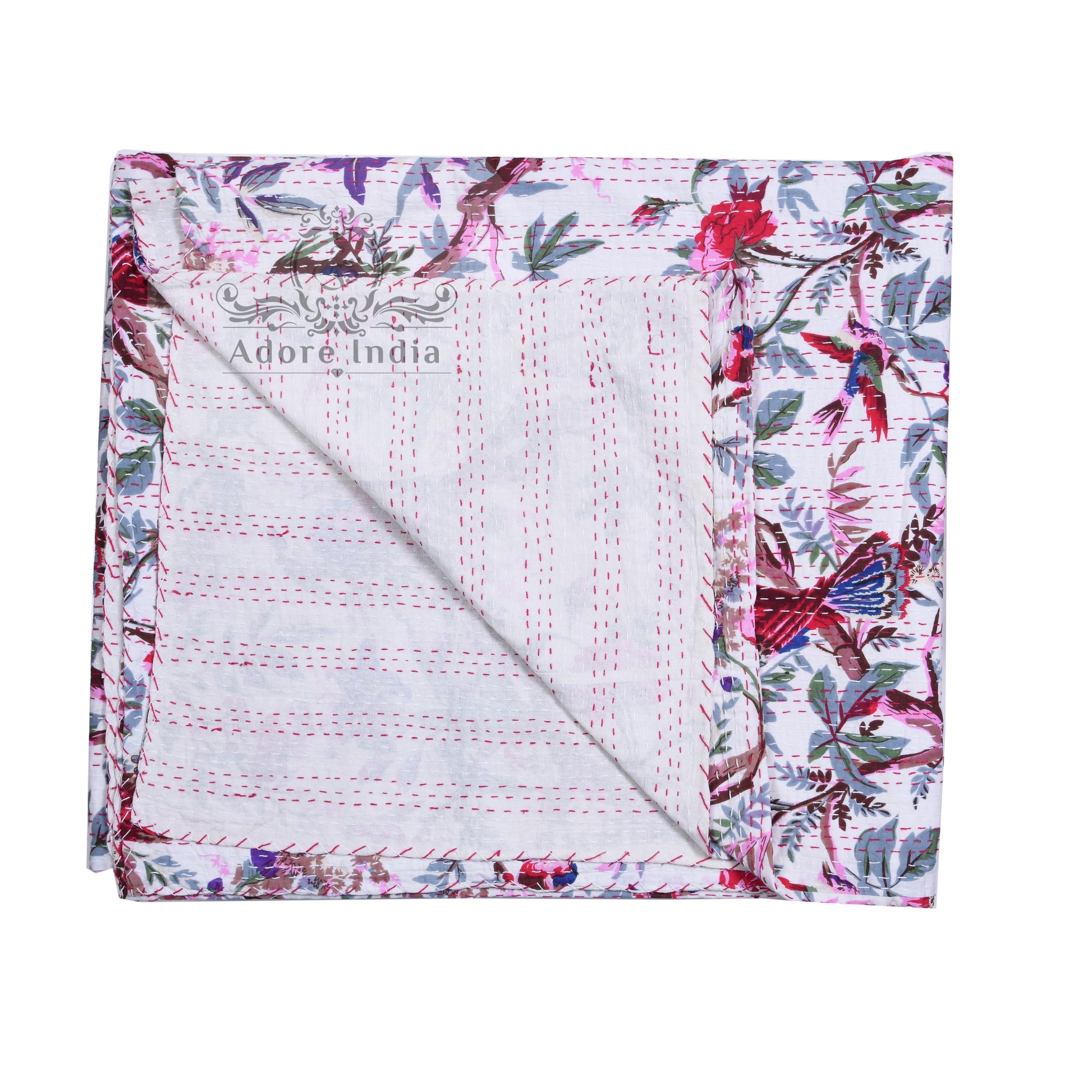 Handmade Bird of Prey Red White Cotton Reversible Kantha Quilt Bedspread Throw - Adore India   