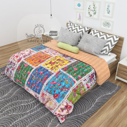 Handmade Bird of Prey Patchwork Cotton Reversible Kantha Quilt Bedspread Throw - Adore India   