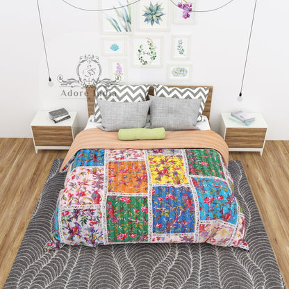 Handmade Bird of Prey Patchwork Cotton Reversible Kantha Quilt Bedspread Throw - Adore India   