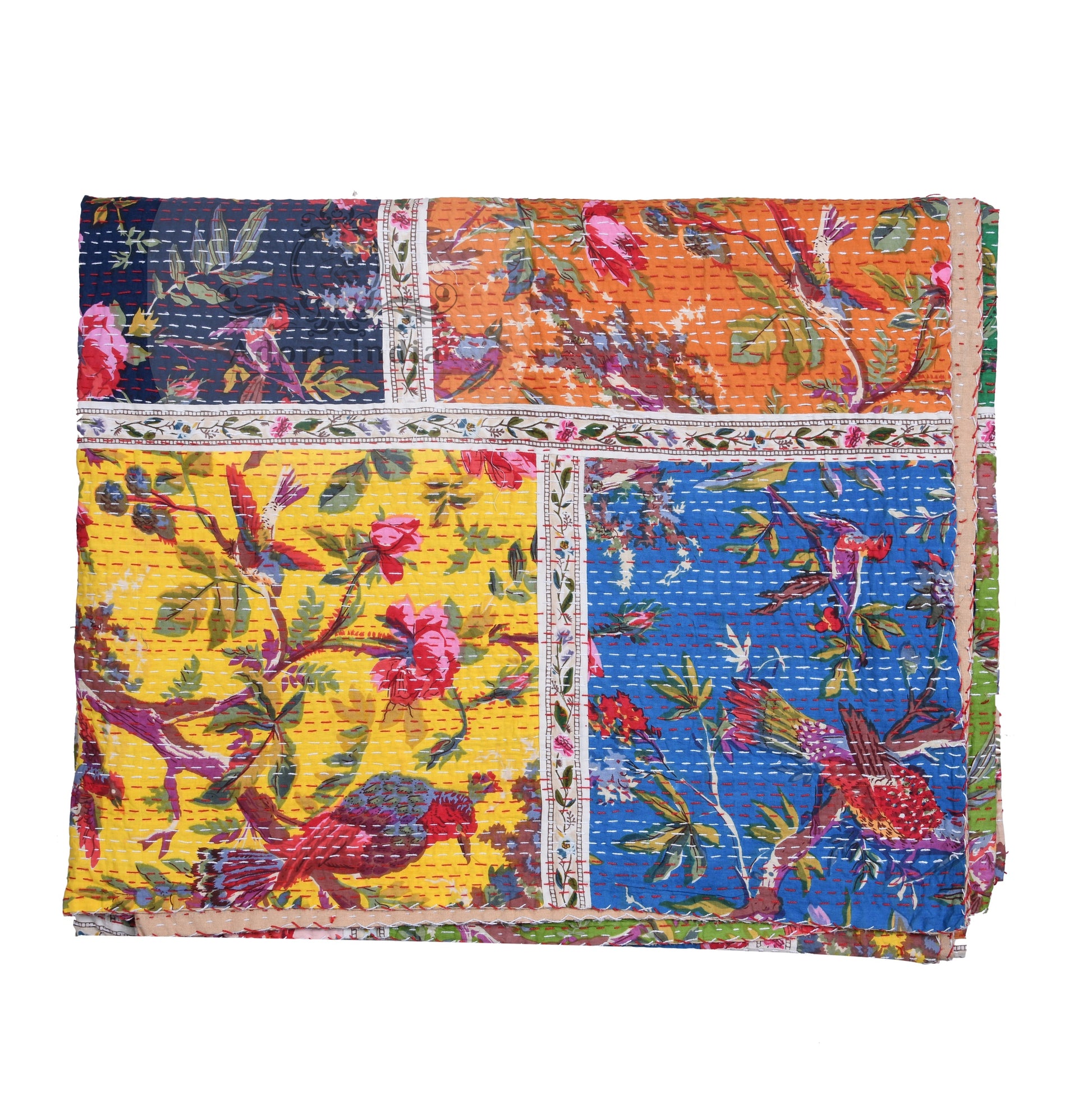Handmade Bird of Prey Patchwork Cotton Reversible Kantha Quilt Bedspread Throw - Adore India   