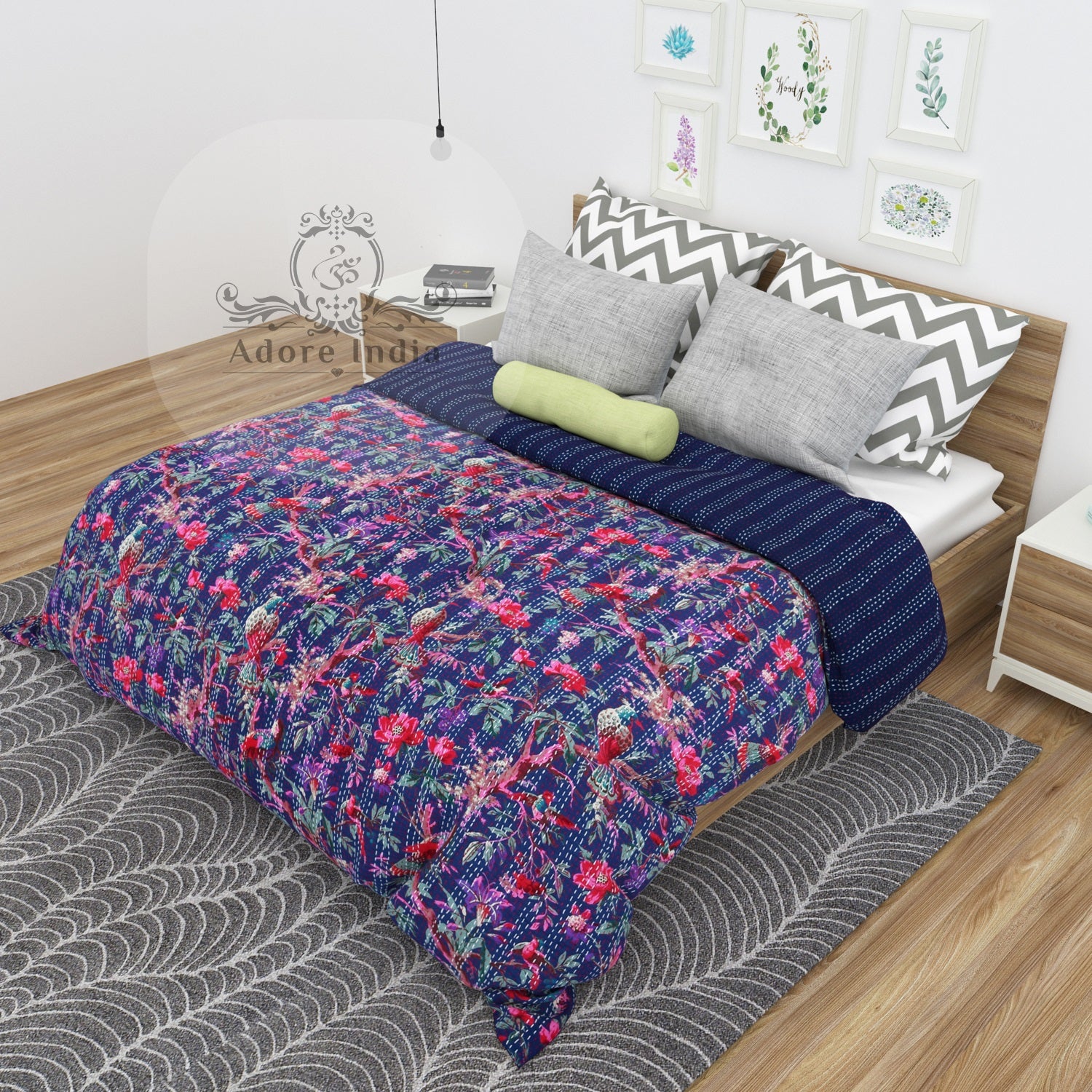 Handmade Blue Bird of Prey Cotton Reversible  Kantha Quilt Bedspread Throw - Adore India   