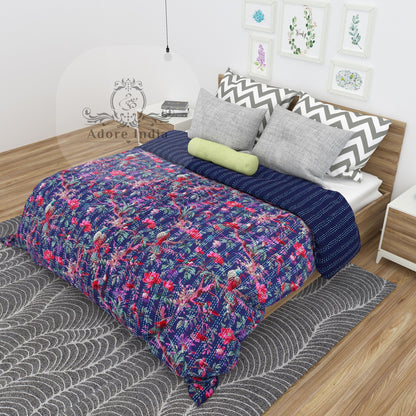 Handmade Blue Bird of Prey Cotton Reversible  Kantha Quilt Bedspread Throw - Adore India   