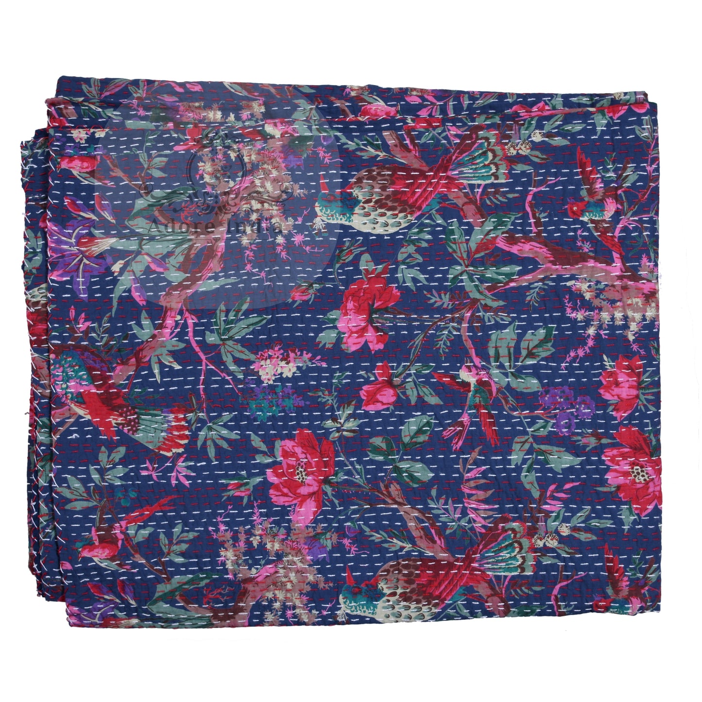 Handmade Blue Bird of Prey Cotton Reversible  Kantha Quilt Bedspread Throw - Adore India   