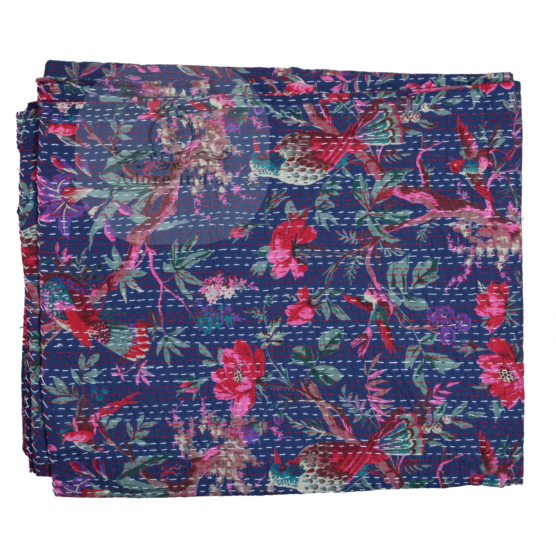 Handmade Blue Bird of Prey Cotton Reversible  Kantha Quilt Bedspread Throw - Adore India   