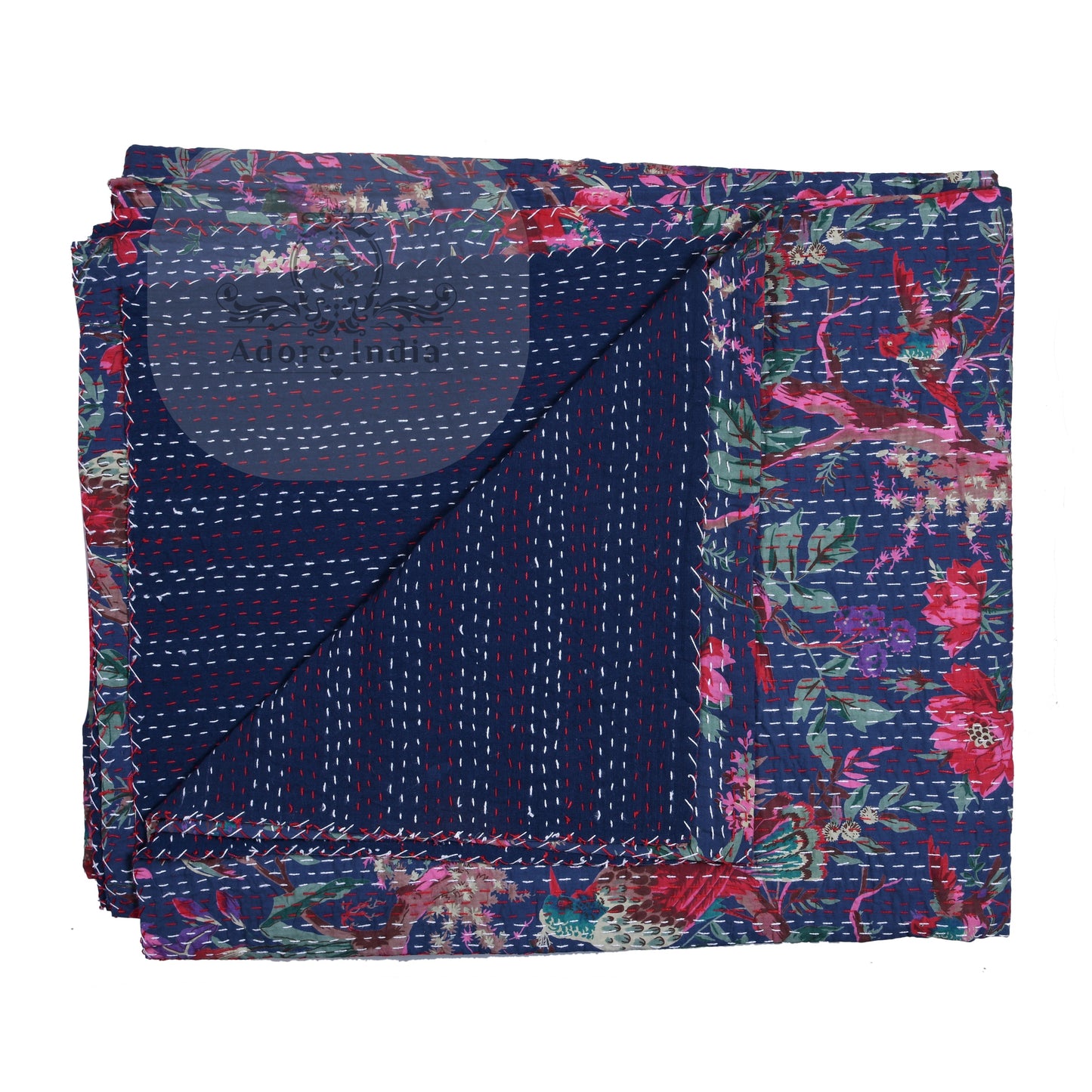 Handmade Blue Bird of Prey Cotton Reversible  Kantha Quilt Bedspread Throw - Adore India   