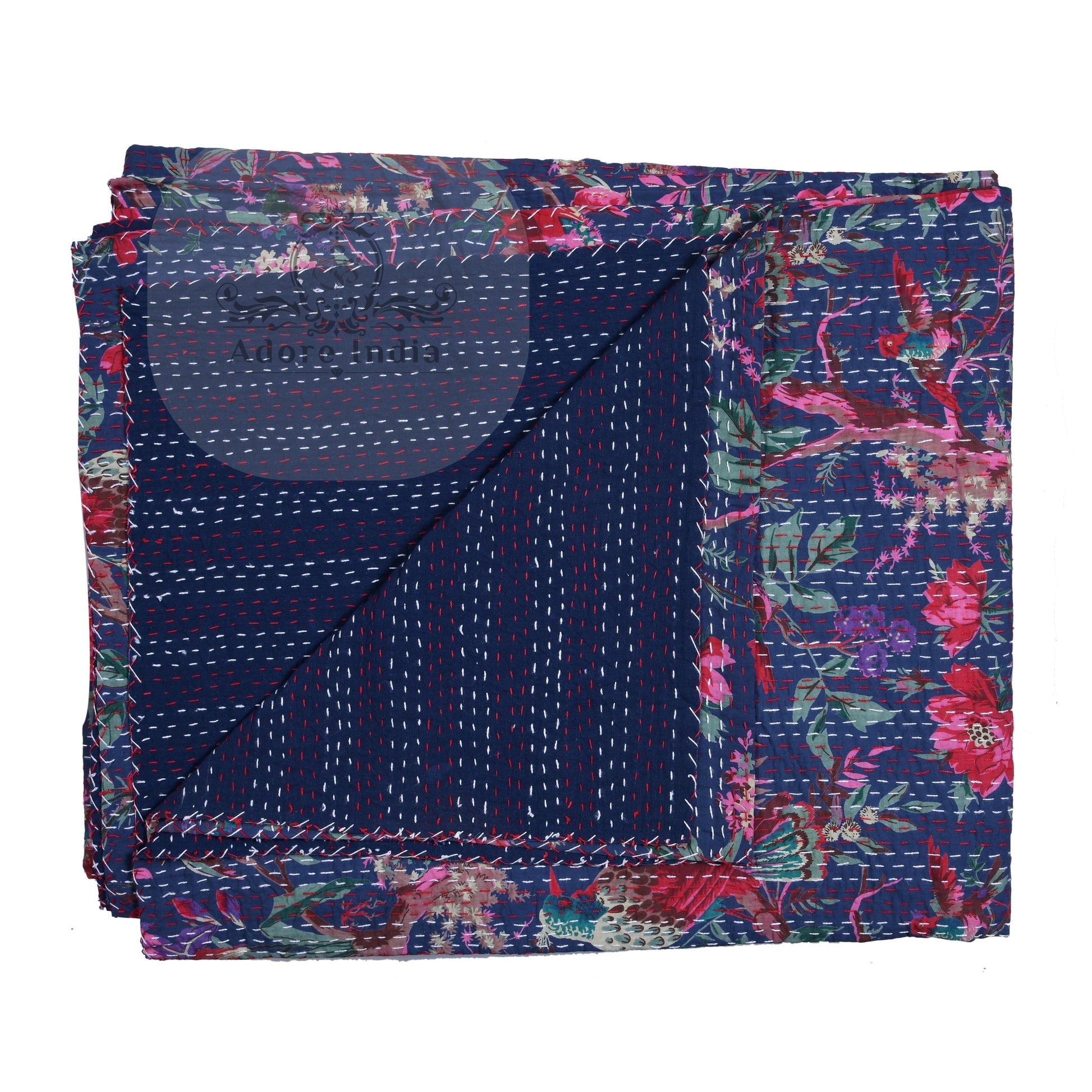 Handmade Blue Bird of Prey Cotton Reversible  Kantha Quilt Bedspread Throw - Adore India   