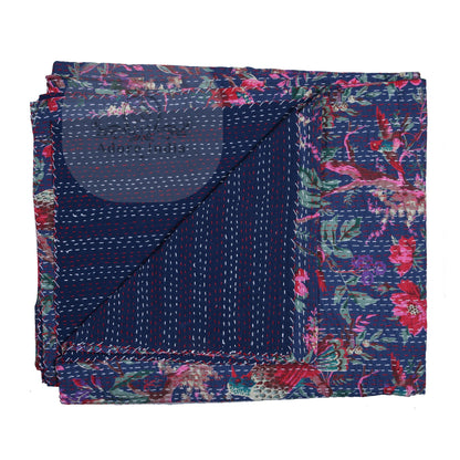 Handmade Blue Bird of Prey Cotton Reversible  Kantha Quilt Bedspread Throw - Adore India   