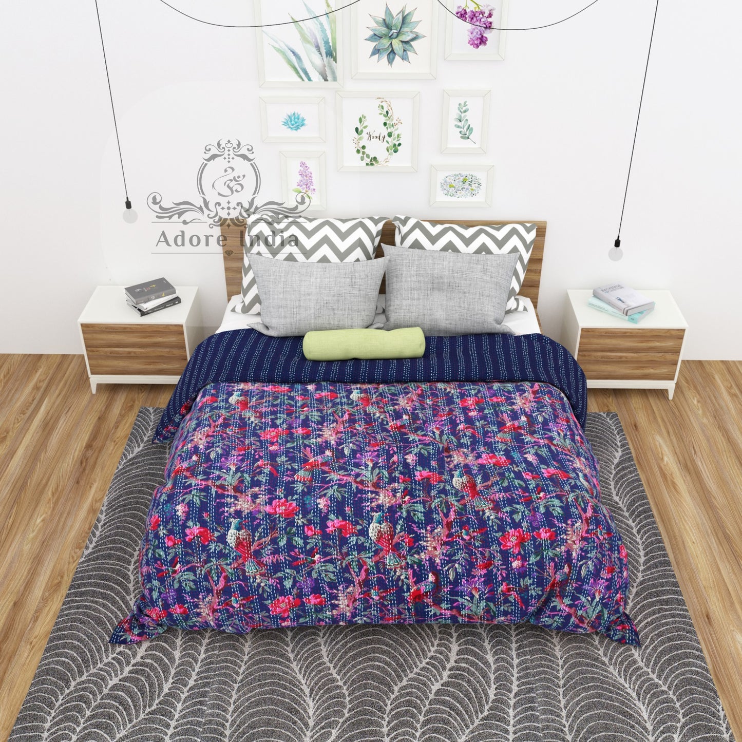 Handmade Blue Bird of Prey Cotton Reversible  Kantha Quilt Bedspread Throw - Adore India   