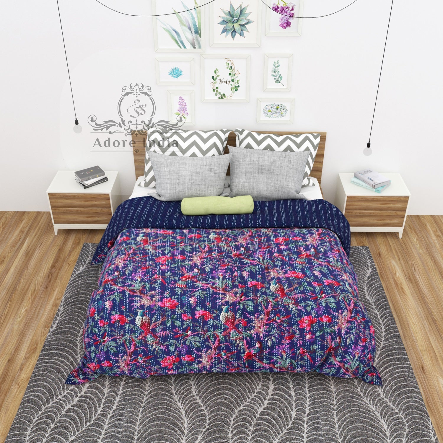 Handmade Blue Bird of Prey Cotton Reversible  Kantha Quilt Bedspread Throw - Adore India   