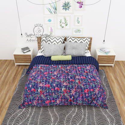 Handmade Blue Bird of Prey Cotton Reversible  Kantha Quilt Bedspread Throw - Adore India   