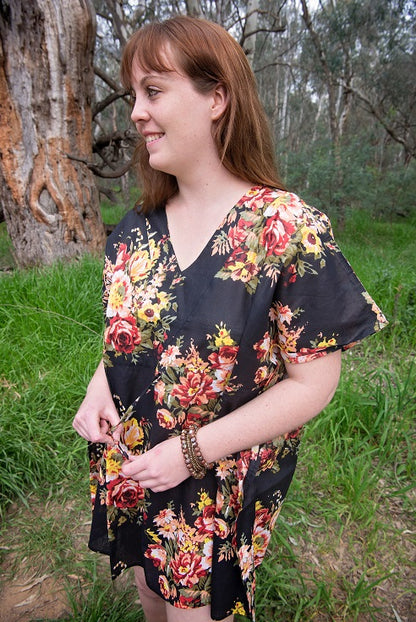 Black Vintage Floral Cotton Printed Kaftan - Adore India   